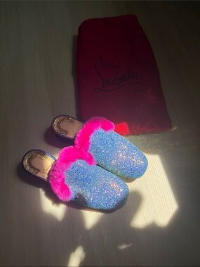 Christian Louboutin Boudivo Blue Glitter Slip-On Mules with Hot Pink Fur
